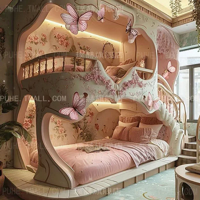 Neues Kinderbett, Up- und Down-Bett, Baumhaus-Mädchenbett, 2024, neues rosa, leichtes, luxuriöses Prinzessinnenschloss